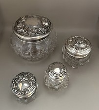 Collection of Four Antique Vanity Jars Sterling Silver Lids. Art Nouveau Design picture