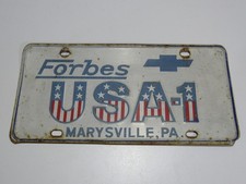 VTG Forbes Chevrolet USA-1 Marysville PA Metal Dealership Booster Plate Tag #1 picture