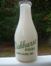 Vintage OAKHURST DAIRY PORTLAND, ME. Green ACL Quart Milk Bottle picture