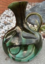 Vintage MCM Green Stoneware Handled Pitcher Jug Abstract Modern 60s Mid Century picture