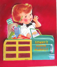 1951 signed TRUCK ORIGINAL CHILDREN'S BOOK PAINTING cel drawing art bowtie store picture