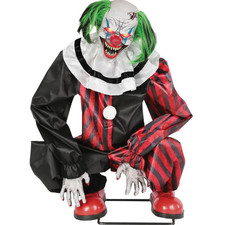 Crouching Clown Red Animated Halloween Prop with Lights, Sound, and Motion picture