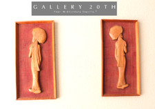 SUPERB PAIR ASIAN WOMEN MID CENTURY MODERN TEAK WALL ART VTG WOOD SCULPTURES picture