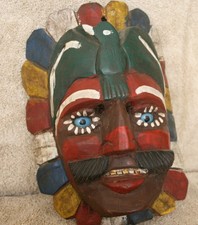 Vintage Hand Carved Mexican Folk Art Mask – Bird Motif, Multicolor Petal Border, picture