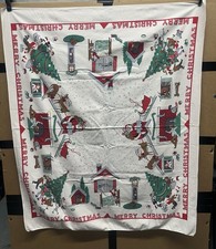 Mid Century MERRY CHRISTMAS Vintage Tablecloth SANTA Ornaments Tree ATOMIC as is picture