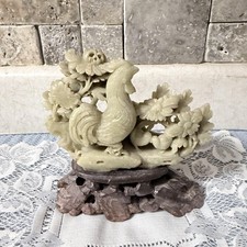 Vintage Green SoapStone Rooster Chicken Figurine Carved Base Floral Statue Decor picture