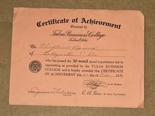 Vintage 1939 Tulsa Business College Certificate Achievement Typewriting Oklahoma picture
