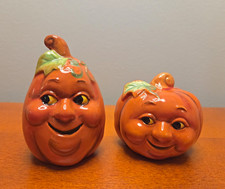 Vintage Ceramic Anthropomorphic Pumpkin Face Salt & Pepper Shakers Set of 2 picture