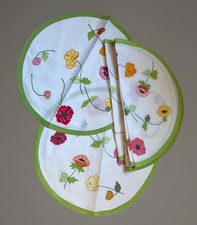 Vintage French Hand Applique Linen Round Floral Placemat Napkin Set for 8 picture