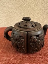 VTG Beautiful Pierced Clay Chinese Brown Teapot Floral Pattern picture