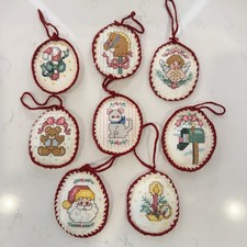 Vintage Cross-Stitch Christmas Ornaments Cottage Core Oval Lot 90s Cat Santa picture