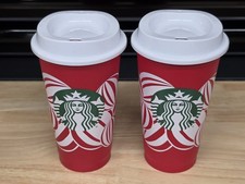 New Starbucks Red Holiday Reusable To-Go Coffee Cups w/ White Lids Set of 2 picture