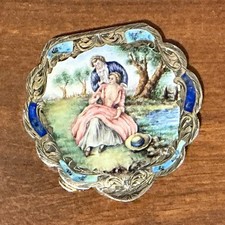 Antique Italian Silver Hand Painted Enamel Powder Compact - 3” W picture