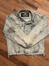 Harley-Davidson Acid Wash Denim Jacket Frayed Hem Righteous Rider picture