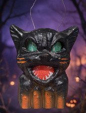 Vtg 1930s-40s Paper Mache BLACK Cat on Fence Halloween Lantern Excellent Cond. picture