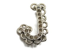 Vintage Letter J Initial Brooch Pin Silver Tone Rhinestone Ornate Scalloped Edge picture