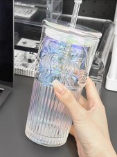 Starbucks Colorful Vertical Striped Cup Glass Tumbler 18oz Cold Coffee Water Cup picture