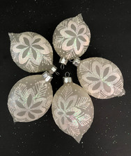 Vtg Large frosted glass teardrop Christmas ornaments/white glitter accent 5 pcs picture