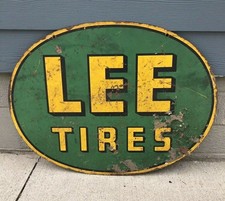 RARE & ORIGINAL 1940's 1950's DOUBLE SIDED HEAVY STEEL LEE TIRES SIGN....LOOK picture