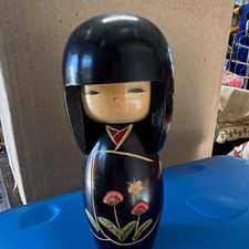 Japanese Kokeshi Wooden Doll, Black Kimono Floral Design, Sticker Mark Base picture