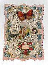 Gorgeous 1910's Layered Paper Lace Valentine's Day Card w/ Butterfly Scraps picture