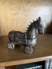 Vintage Carved Wood Horse Box on Wheels Brass Studs Folk Art Figurine 5.4in picture