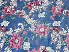40’s Lavender Blue ROSES Shabby Chic Mid Century Barkcloth Vintage Curtain Drape picture