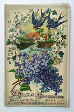 Vintage 1912 JOYOUS BIRTHDAY GREETING Postcard BLUE WHITE FLOWERS BIRDS Embossed picture