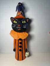 Vintage folk art Halloween Primitive Paper Mache Black Cat Figurine skull bucket picture