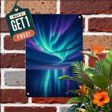 Aurora Borealis Night Seascape Metal Tin Sign Glowing Sky Nature Wall Decor picture