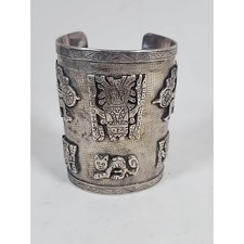 STERLING SILVER - VINTAGE RARE PIECE/ AZTEC MAYAN WARRIER ARMOR CUFF BRACELET picture