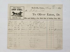 1877 antique OLIVER EATON rockville ct LIVERY STABLE HORSE CARRIAGE INVOICE picture