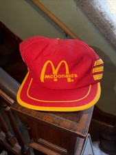 RARE Vtg McDonald's Red and Yellow Mesh 3 Stripe Snapback Trucker Hat UNIVERSAL picture