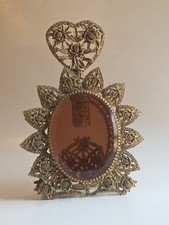Antique Ormolu Perfume Bottle Beveled Amber Glass Filigree Scroll French Rococo picture