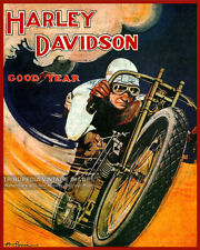 Vintage 1920s Harley Davidson GoodYear Classic Motorcycle Racing Poster Colorful picture