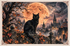 Moon Cat - Halloween Postcard 4x6 Gothic Art Rust & Lantern card Original picture