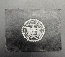 c1910 L23 New York Great State Seal Tobacco Leather Antique Black Silver picture