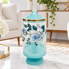 Vintage West Virginia Glass Apothecary Jar Powder Blue w/ Transfer Roses 9 1/2