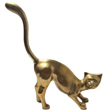 Vtg MCM Solid Brass Cat Figurine Large 15
