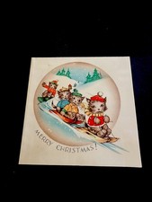 1 VTG 1940’s Xmas Greeting Card Adorable 4 Cat Kittens Racing Downhill On Sleds picture