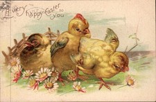 A Very Happy Easter to You - Three Chicks and Daisies - Antique Postcard - c1908 picture
