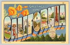 CALIFORNIA Postcard Greetings from CA Large Letter Linen 1941 Posted Poppy State picture