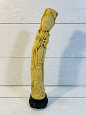 Vintage Italian Carved Resin Faux Ivory Chinese Guanyin 11” Tall Rose Peacock picture