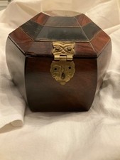 Hexagon Wooden Box With Brass Accents. Sapphire Blue Lining. Vintage picture