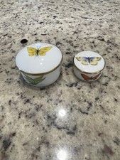 Two Antique Limoges France Round Butterfly Trinket Boxes picture