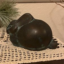 Vintage Japanese Hand Cast Bronze Bunny Rabbit Paperweight With Aged Patina picture
