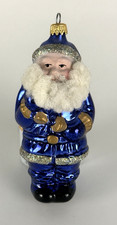 Vtg West Germany Blown Glass Blue Santa Ornament Full Body w/Fabric Beard & Mica picture