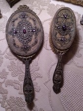 Antique E J & B  Empire Art Gold Bronze Jeweled Amethyst brush & beveled mirror picture