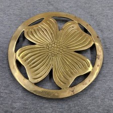 Vintage MCM Solid Brass Round Dogwood Flower Trivet 6