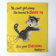 Vtg 50s Halloween / Birthday Card — Cat Spider Web / Norcross UNUSED Pop-up picture